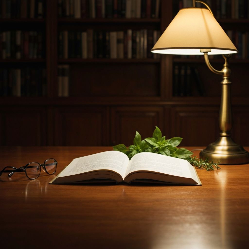 An open book and fresh herbs on a wooden library table with warm lamp light