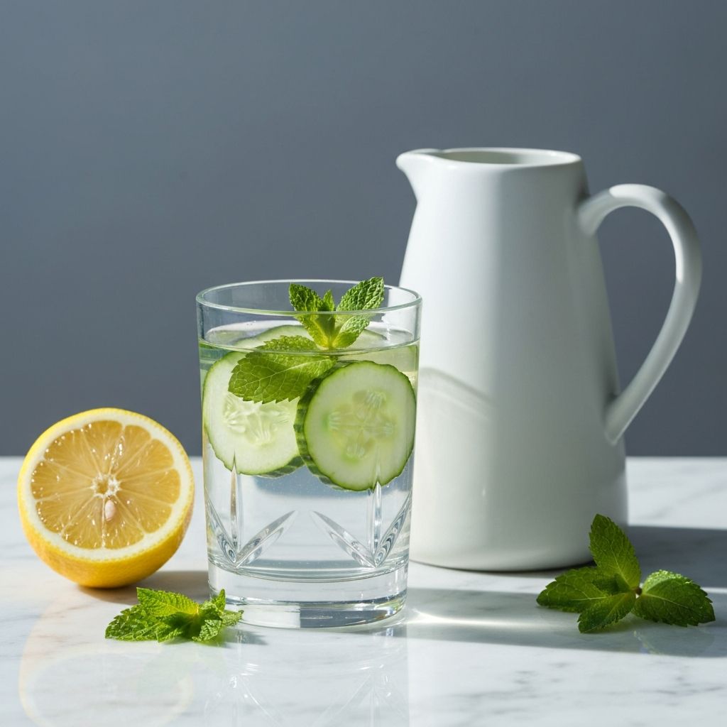 Clear glass of water with cucumber and mint on marble surface