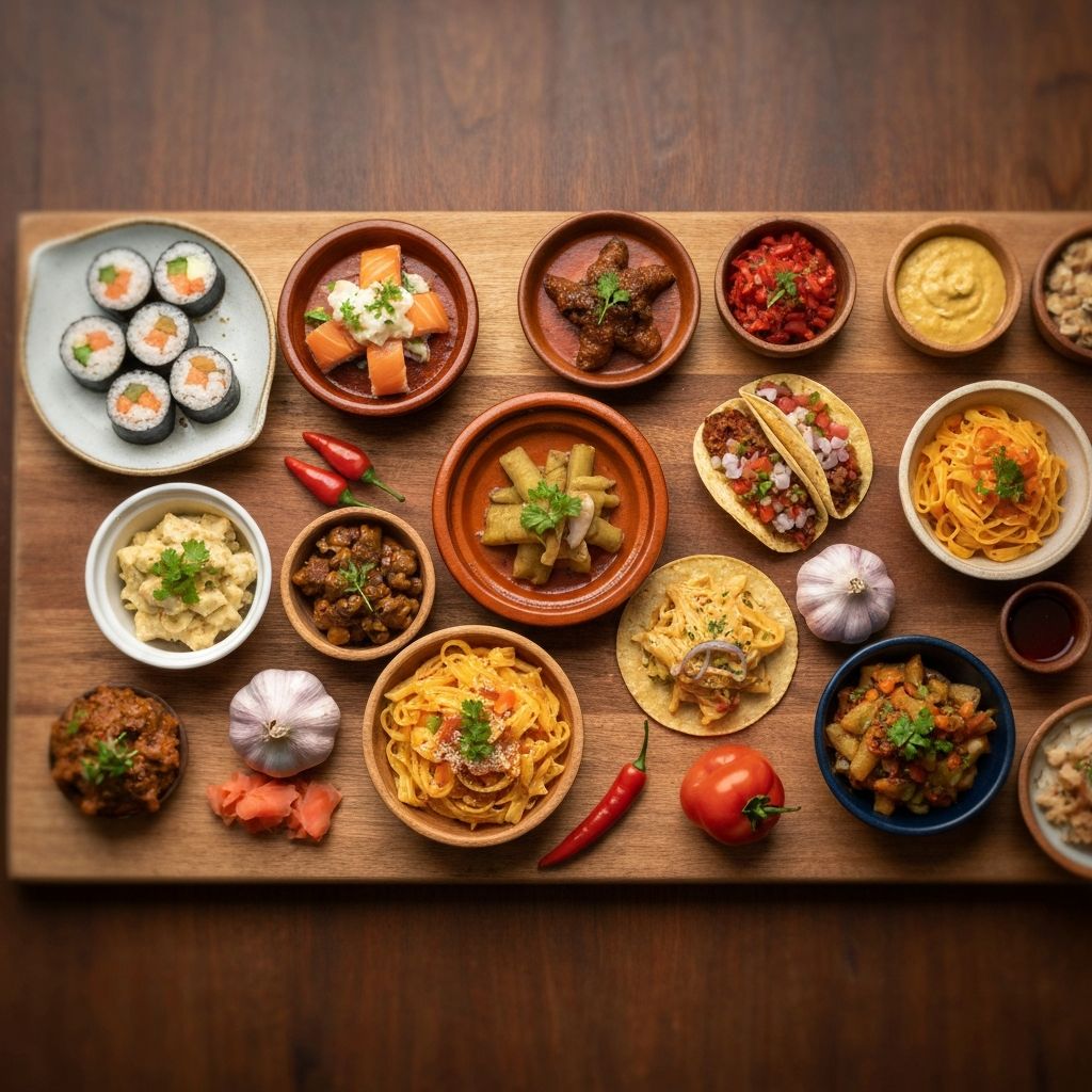 Multicultural food spread with dishes from diverse world cuisines