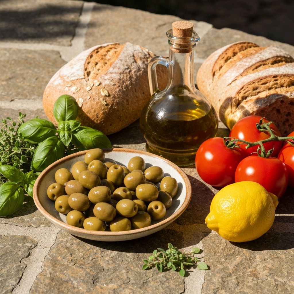 Mediterranean diet ingredients including olives, olive oil, tomatoes and herbs